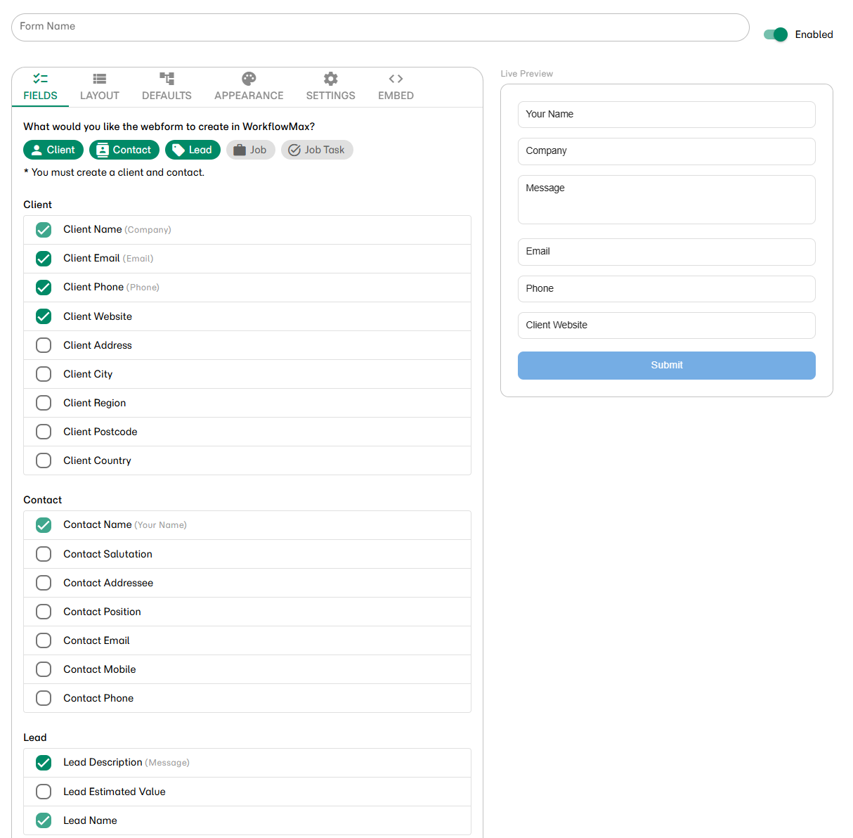 Fields tab showing WorkflowMax record type selection and field checkboxes