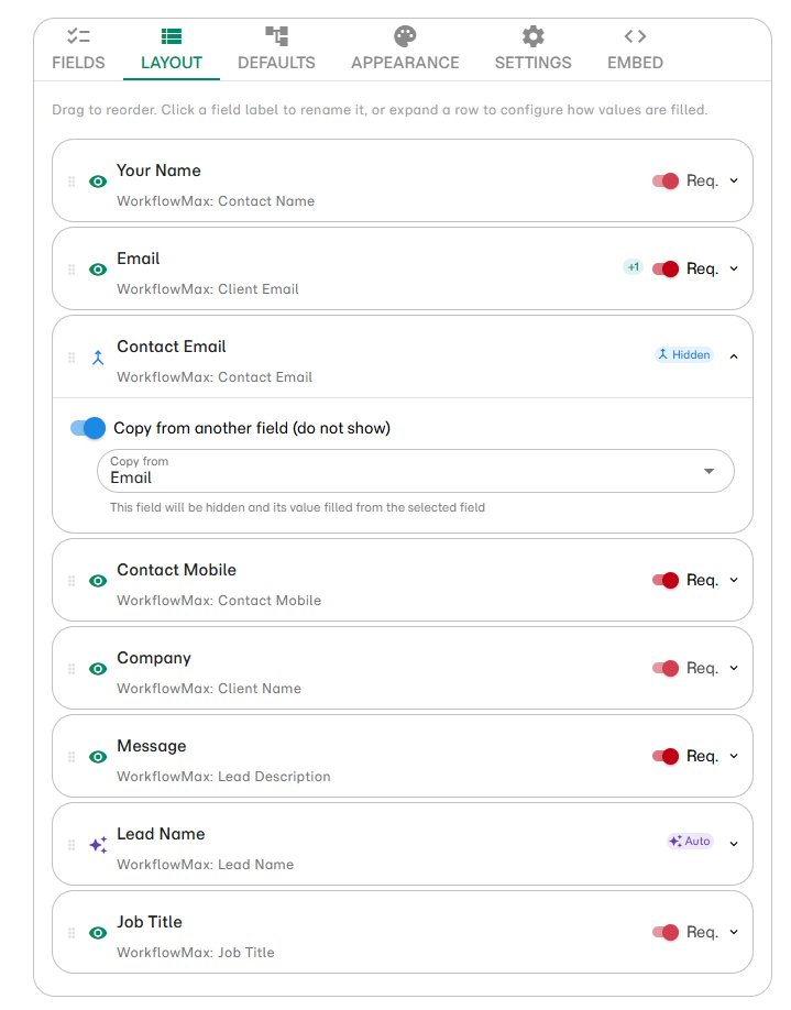 Layout tab showing drag-and-drop field ordering with WorkflowMax mappings