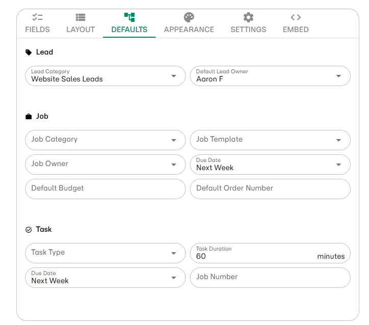 Defaults tab showing Lead, Job, and Task default value fields