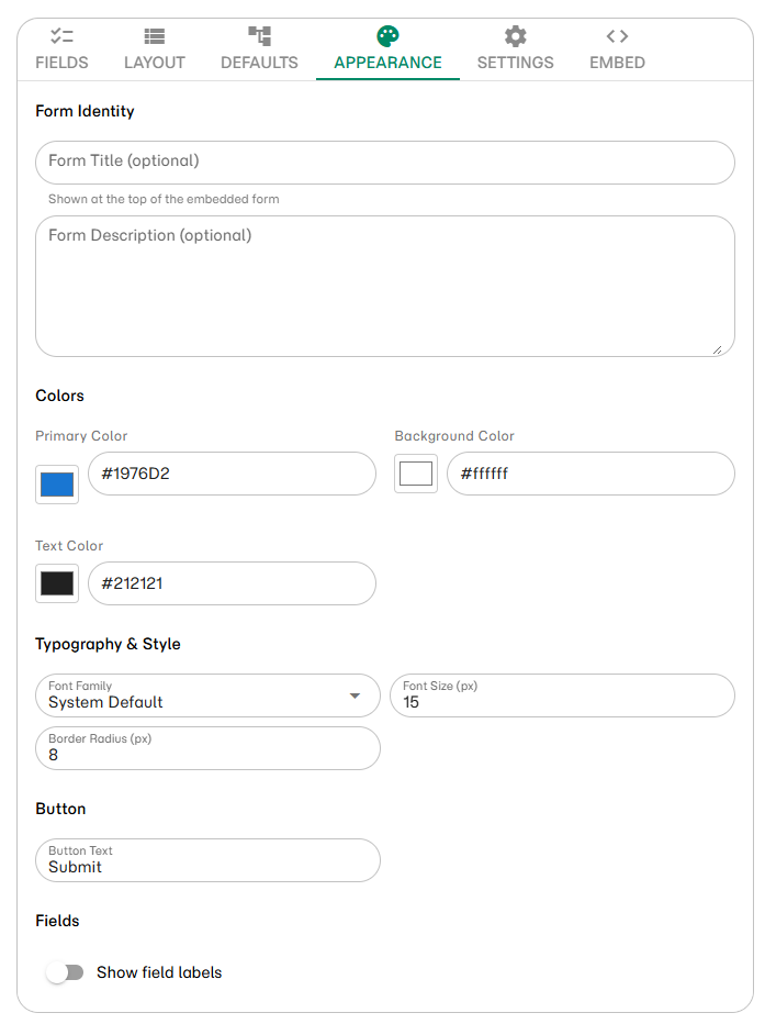 Appearance tab showing color, typography, and field label options