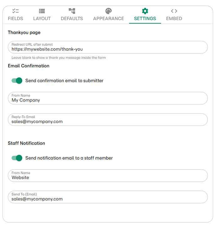 Settings tab showing redirect URL, email confirmation, and staff notification options