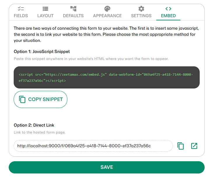 Embed tab showing JavaScript snippet and direct link options